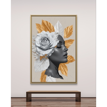 תמונת קנבס של אישה כהה עם פרחי ורד לבנים ועלים מוזהבים בעיצוב מודרני לבית