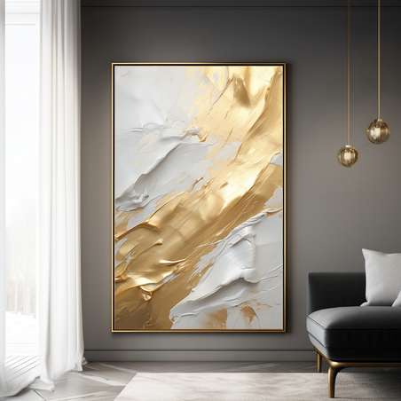 תמונה לסלון או למשרד אבסטרקט גוונים של לבן וזהב מודפסת על קנבס דגם 809232