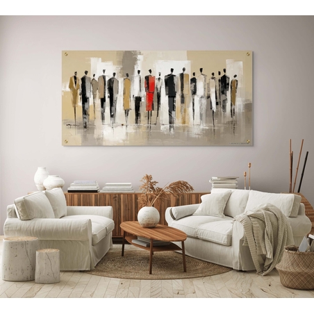 תמונת זכוכית לרוחב עם דמויות מופשטות בצבעי שחור, לבן ובז’ ונגיעה אדומה דרמטית, מתוך קולקציית תכשיט לבית.