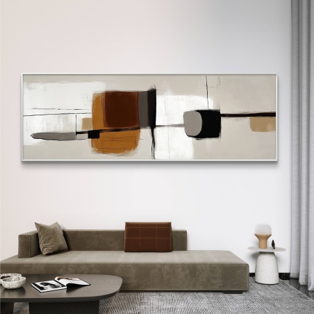 תמונת קנבס פנורמית אבסטרקטית בצבעי חום, שחור ולבן על רקע בהיר.