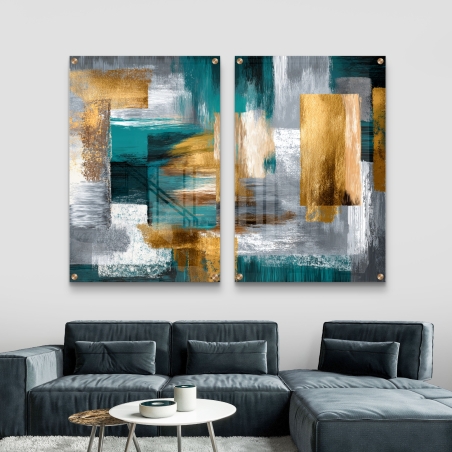 זוג תמונות זכוכית בסגנון אבסטרקטי בצבעי טורקיז, זהב, לבן ואפור, מודפסות בהדפסה חלקה ליצירת מראה יוקרתי ומודרני.          Ask ChatGPT