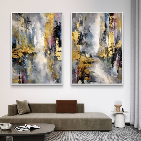 זוג תמונות קנבס בעיצוב מופשט בגווני זהב, אפור, שחור וסגול, בהדפסה חלקה על קנבס איכותי עם מסגרת לבנה