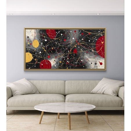 תמונת קנבס אבסטרקטית לרוחב בגווני שחור, אדום וצהוב עם קווים דינמיים ונגיעות זהב
