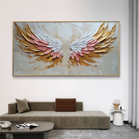 תמונת קנבס המציגה כנפיים תלת-ממדיות בגווני זהב, ורוד ולבן, לעיצוב יוקרתי והרמוני בחלל הבית.