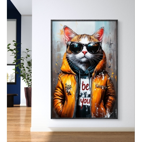 תמונת קנבס של חתול עם מעיל עור כתום, קפוצ'ון ומשקפי שמש כהים, בעיצוב אורבני ואופנתי, מושלם לקישוט הבית או המשרד.