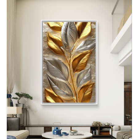 תמונת קנבס לאורך עם עלים תלת־ממדיים בגווני זהב וכסף, בעיצוב אלגנטי מקולקציית תכשיט לבית