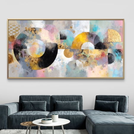 תמונת קנבס לרוחב עם קומפוזיציה צבעונית של מעגלים בגווני זהב, שחור, ורוד פודרה, טורקיז ותכלת – בהדפסה איכותית על קנבס חלק.