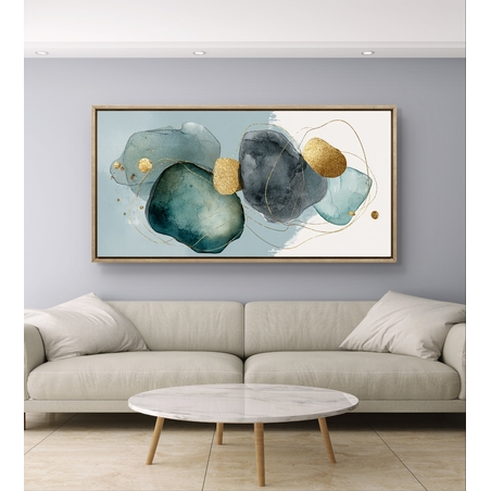 תמונת קנבס לרוחב בסגנון אקוורל בגווני טורקיז אפור וכחול עם נגיעות זהב עדינות – תכשיט לבית