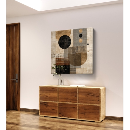 תמונת קנבס גיאומטרית מודרנית בבז׳ ושחור עם עיגולים וקווים בטקסטורת בד