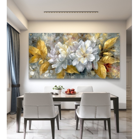 תמונת זכוכית לרוחב עם פרחים לבנים ועלים מוזהבים – פרחי הזהב הלבנים