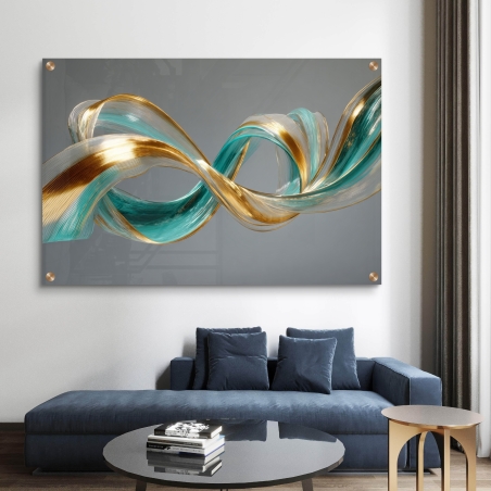 תמונת זכוכית בעיצוב מודרני עם סרטים מתפתלים בגווני זהב וטורקיז על רקע אפור – מתוך קולקציית תכשיט לבית