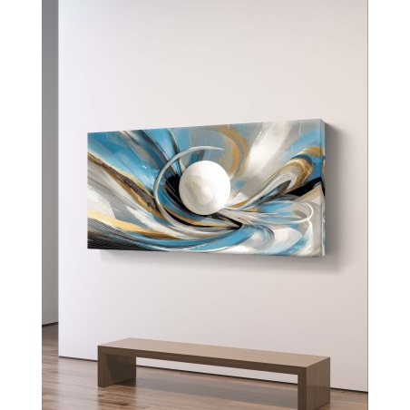 תמונת קנבס מודרנית בגווני כחול, לבן וזהב עם כדור מרכזי בוהק מבית תכשיט לבית