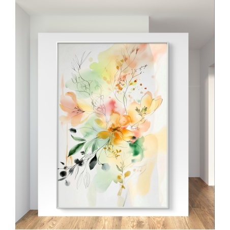 תמונת קנבס פרחונית עדינה בצבעי מים בגווני ירוק, אפרסק וזהב, עם קווים רישומיים שחורים, המעניקה תחושת רוגע, טבעיות ורעננות לכל חלל.