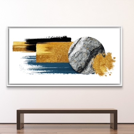 תמונת קנבס עם אלמנטים גאומטריים בצבעי זהב, שחור, כחול ואפור, על רקע לבן