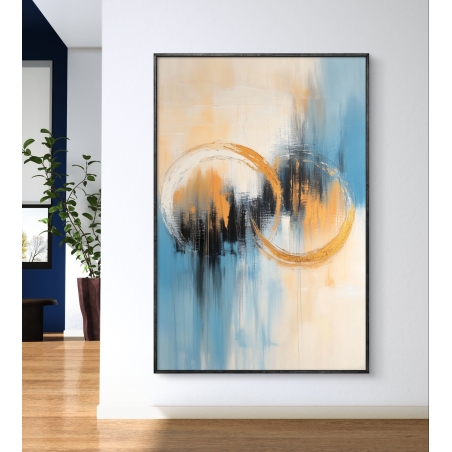 תמונת קנבס עם שני מעגלים בצבע זהב על רקע מופשט בגווני כחול, שמנת ושחור – עיצוב אומנותי מודרני ומרגיע.