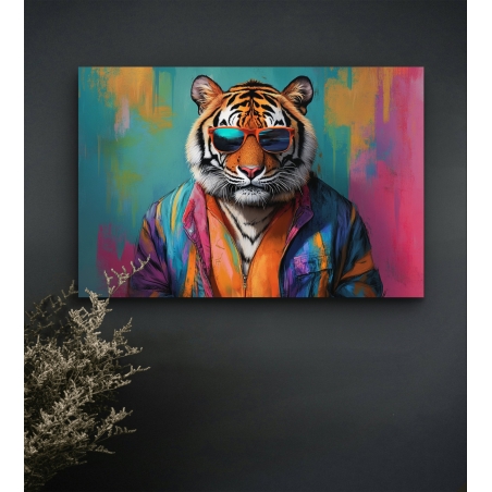 תמונת קנבס עם נמר בעיצוב מודרני בצבעים עזים ומשקפי שמש, מושלם לחללים מלאי השראה ואנרגיה.