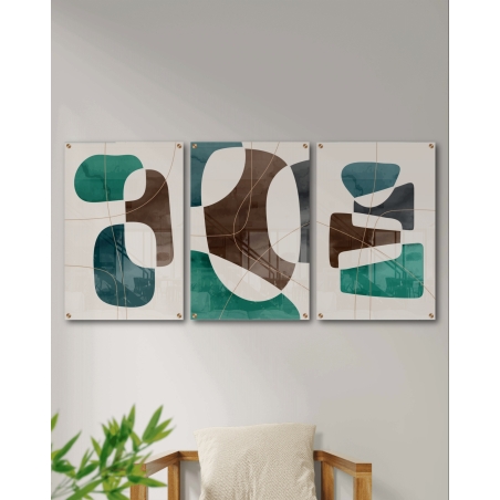 שלישיית תמונות זכוכית לסלון/משרד/פינת אוכל סגנון גיאומטרי גוון ירוק דגם - A68003