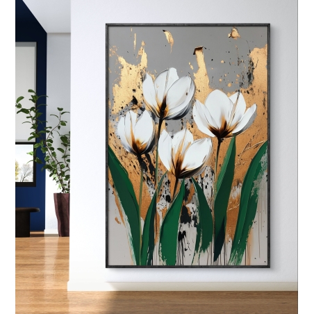 תמונת קנבס עם פרחי טוליפ לבנים על רקע זהב מתיז, עלים ירוקים ועיצוב מופשט מודרני – יצירה אלגנטית לקירות הבית.