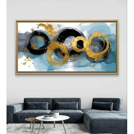 תמונת קנבס לרוחב בסגנון אבסטרקטי עם מעגלי זהב בולטים על רקע תכלת ושחור – עיצוב מודרני יוקרתי לעיצוב הבית.