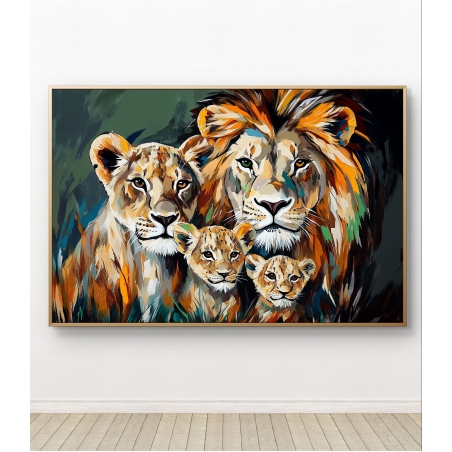 תמונת קנבס של משפחת אריות בעיצוב צבעוני ודינמי, עם מבטים עוצמתיים המדגישים חיבור והגנה, בגוונים עשירים שמתאימים לכל חלל מעוצב.