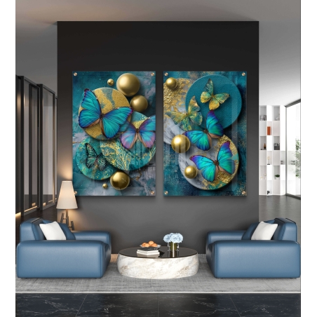 זוג תמונות זכוכית עם פרפרים תלת־ממדיים בגווני טורקיז, סגול וזהב על רקע אומנותי – מתוך קולקציית תכשיט לבית
