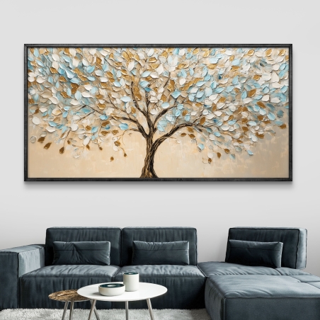 תמונת קנבס של עץ עם עלים בגווני תכלת, לבן וזהב על רקע בז' מתוך קולקציית תכשיט לבית