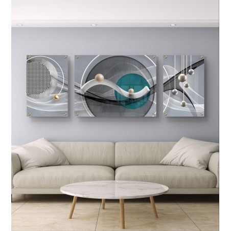 סט של שלוש תמונות זכוכית בעיצוב גאומטרי מודרני עם קווים לבנים, עיגולים שחורים, טורקיז וכדורים מוזהבים – תכשיט לבית