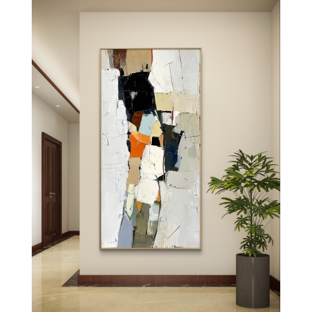 תמונת קנבס אבסטרקטית לאורך בגוונים לבן, שחור, כתום ותכלת, בעיצוב מודרני וייחודי, מושלמת לעיצוב הבית.