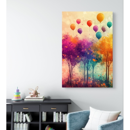 תמונת קנבס צבעונית עם עצים בגווני ורוד, סגול וכתום, ובלונים צבעוניים עפים ברקע שמיים בהירים – בהדפסה חלקה ואיכותית.