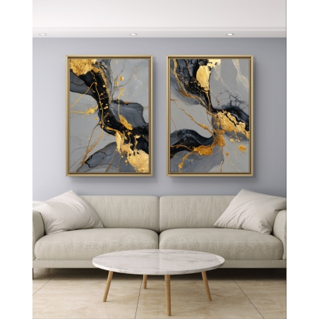 זוג תמונות קנבס אבסטרקט בשחור וזהב – עיצוב יוקרתי ומודרני לקירות הבית