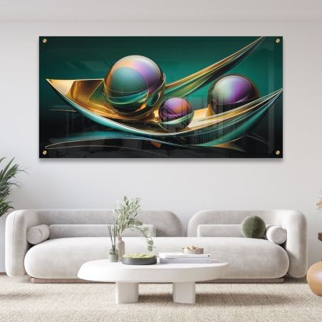 תמונת זכוכית סגנון תלת מימד גיאומטרי גוונים ירוקים דגם - A30032