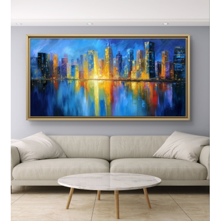 תמונת קנבס של קו רקיע עירוני צבעוני עם השתקפות במים בעיצוב מודרני ומלא השראה