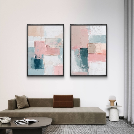 זוג תמונות קנבס בעיצוב אבסטרקטי בגווני ורוד פודרה, טורקיז ובז’, מבית תכשיט לבית