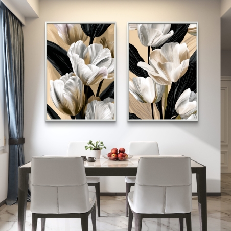 זוג תמונות קנבס של פרחי טוליפ בגווני לבן, בז', שחור וניוד, על רקע חלק ובטקסטורה איכותית