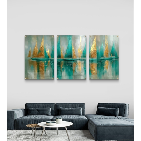 תמונת זכוכית שלשה עם מפרשים מופשטים בגווני טורקיז וזהב – תכשיט לבית