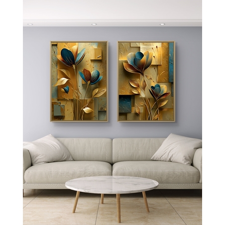 זוג תמונות קנבס פרחוניות בגווני זהב וכחול – דגם DA2223
