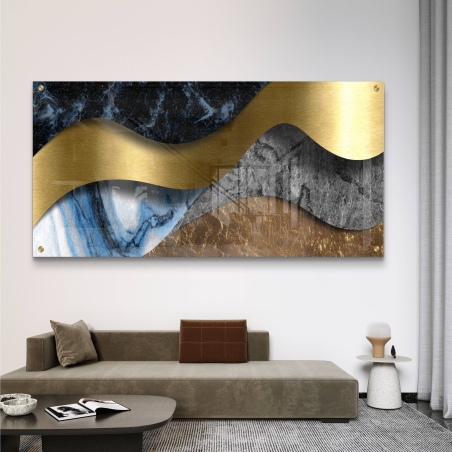 תמונת זכוכית יוקרתית בגווני זהב וכחול עם עיצוב גלים אלגנטי מבית תכשיט לבית
