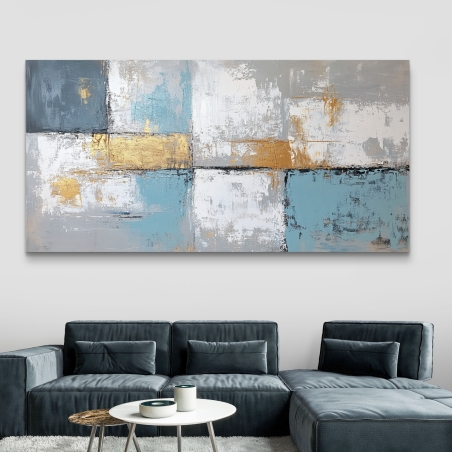 תמונת קנבס בגווני כחול, לבן וזהב עם טקסטורות מודרניות לעיצוב חלל יוקרתי ושלו.