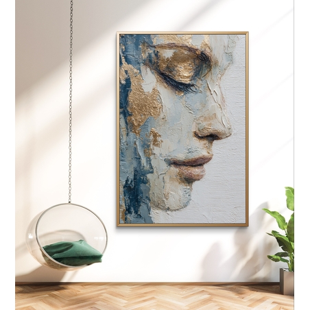 תמונת קנבס של דיוקן צד בגווני כחול, לבן וזהב בהדפסה חלקה – תכשיט לבית