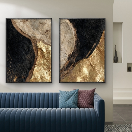 זוג תמונות קנבס מופשטות בגווני שחור וזהב בהדפסה איכותית מבית תכשיט לבית