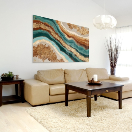 תמונת זכוכית לרוחב אבסטרקט בצבעי טורקיז, ירוק וזהב מבריק בעיצוב יוקרתי מבית תכשיט לבית.