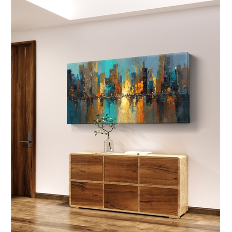 תמונת קנבס אבסטרקטית לרוחב עם קו רקיע עירוני והשתקפות מים בגווני כחול, טורקיז וזהב