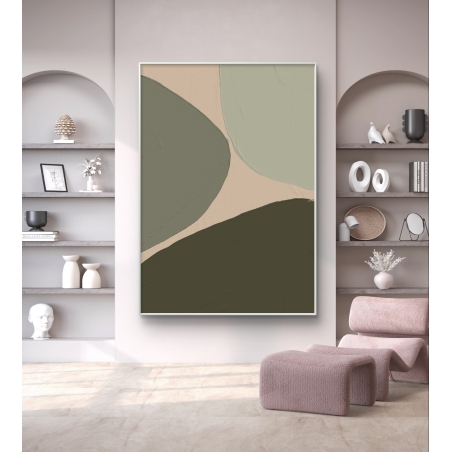 תמונת קנבס לאורך בגווני ירוק זית וחול, עיצוב מודרני מינימליסטי מקולקציית תכשיט לבית