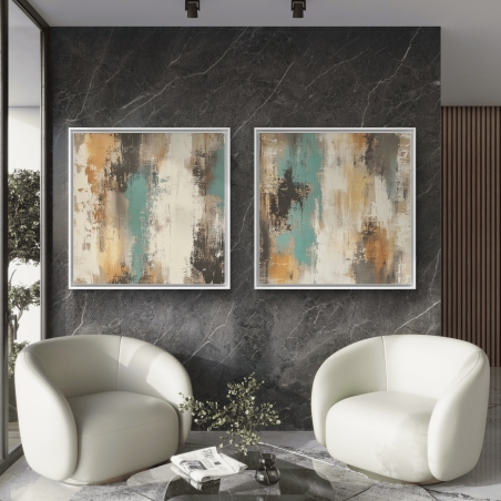 זוג תמונות קנבס מרובעות בעיצוב אבסטרקטי בגוונים של טורקיז, בז', כתום ושחור, מתאימות לשדרוג עיצוב חללים מודרניים וליצירת תחושת חמימות ואלגנטיות.