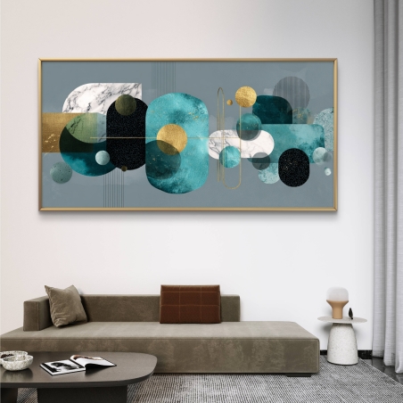 תמונת קנבס לרוחב בגווני טורקיז, שחור וזהב עם עיצוב גאומטרי מופשט ומסגרת זהובה, מודפסת באיכות חלקה גבוהה