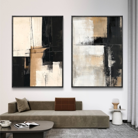 זוג תמונות אבסטרקטיות בגווני שחור, חום ושמנת עם קווים גיאומטריים מודרניים, עיצוב מתוחכם ואלגנטי לבית, למשרד או לחלל יוקרתי.
