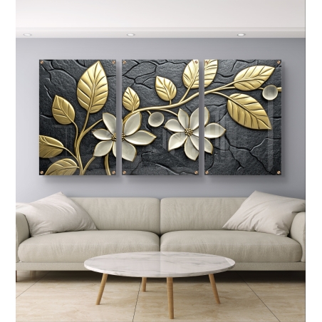 שלישיית תמונות זכוכית עם עיצוב של עלי זהב ופרחים לבנים על רקע שחור יוקרתי, המשלבות סגנון מודרני ואלגנטי לחלל הבית או המשרד