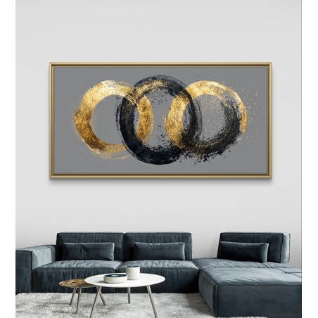 תמונת קנבס לסלון אבסטרקט – שלוש טבעות זהב ושחור על רקע אפור, פורמט רוחבי