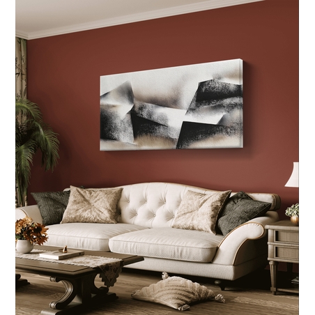 תמונת קנבס לרוחב בעיצוב אבסטרקט גאומטרי בגווני שחור, אפור ושמנת בסגנון מינימליסטי