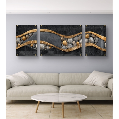 תמונת זכוכית מחולקת טריפטיכון בגווני שחור, אפור וזהב עם קווים זורמים ואבנים – תכשיט לבית